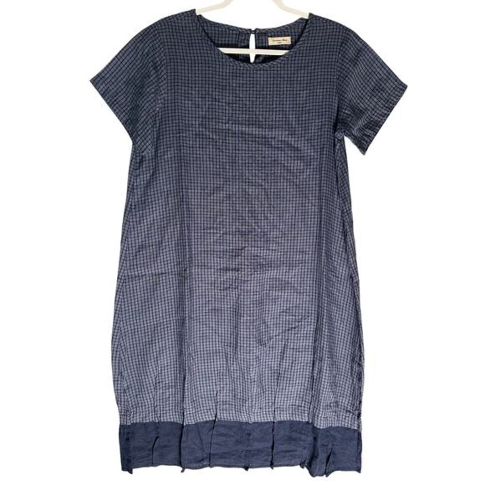 Samansa Mos2 Short Sleeve‎ 100% Hemp Blue Check Shift Dress Sz M Pintuck Hem